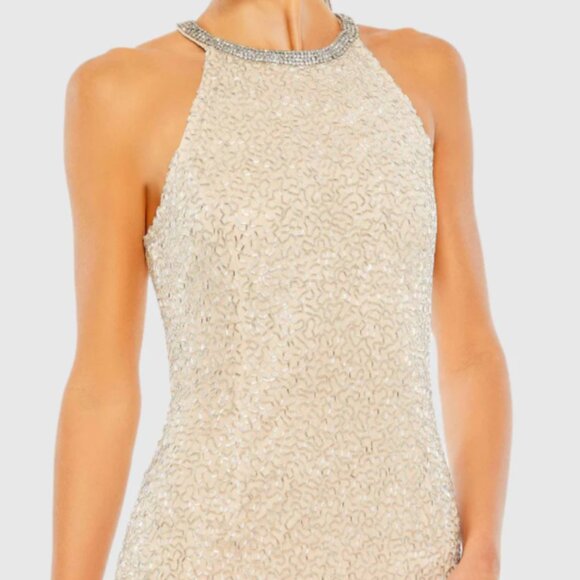 MAC DUGGAL 93742 BEADED HIGH NECK COLUMN NUDE SILVER GOWN sz 12 - Picture 2 of 6